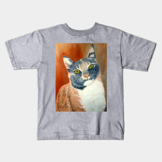 Calico Cat Pastel Portrait in Grey, White and Orange Kids T-Shirt by KarenZukArt